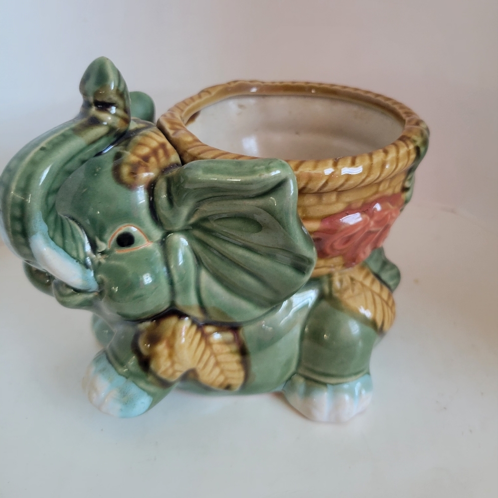 Vtg Majolica-style Pottery Elephant Planter Green, Trunk Up Good Luck!